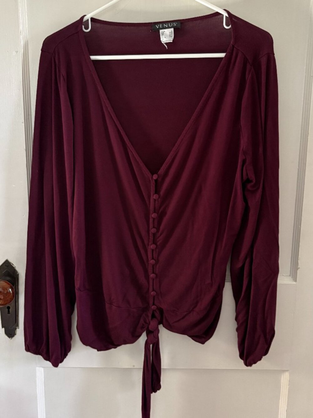 Maroon Lightweight Long Sleeve Tie-Bottom Top